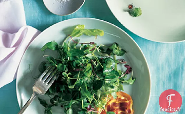 Pousses de Pois, Pancetta Croustillante et Vinaigrette à la Menthe