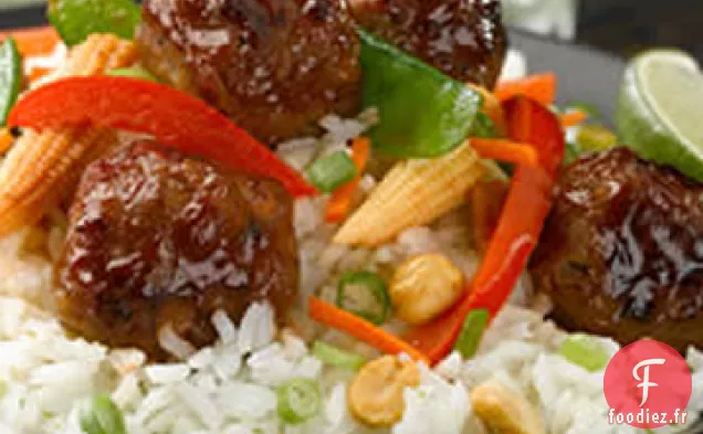 Sauté de Basmati et Pois Mange-Tout avec Boulettes de Poulet Teriyaki
