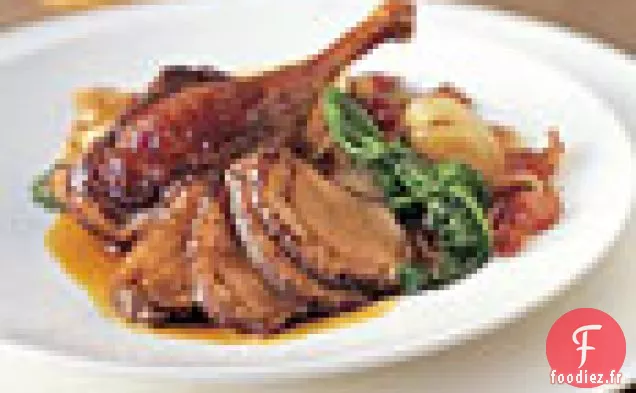 Canard aux Cinq Épices avec Raviolis à la Courge Musquée et Rabe au Brocoli