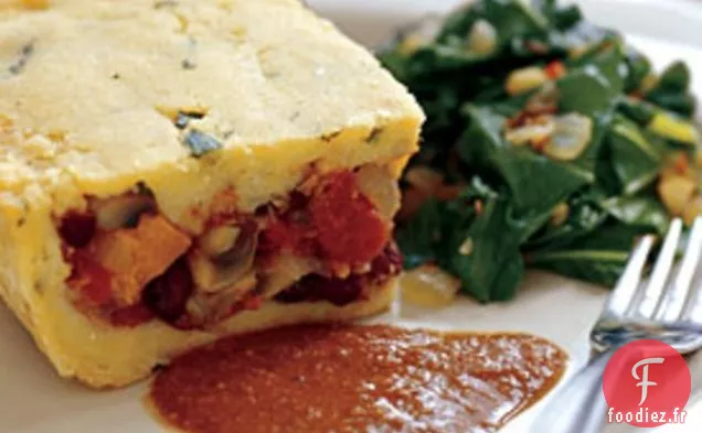 Casserole de Pain de Maïs et Courge Musquée, Champignons et Taupe d'Ancho