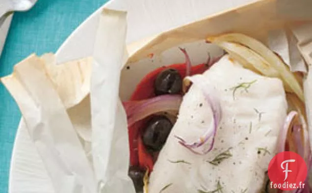 Branzino En Papillote Aux Poivrons Rôtis, Olives Noires Et Fe