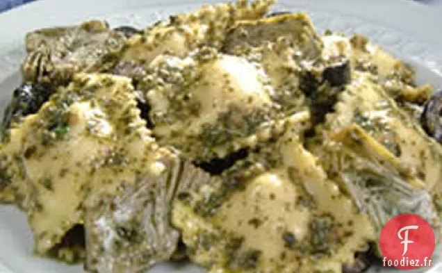 Raviolis aux Quatre Fromages avec Cœurs d'Artichaut, Olives et Pesto