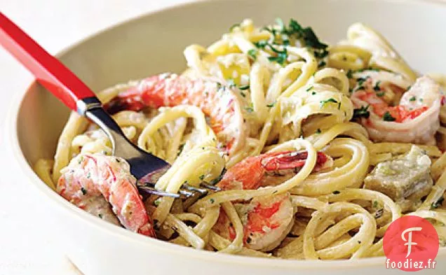 Linguine aux Crevettes et Artichauts Alfredo