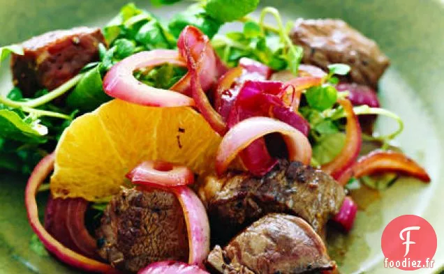 Surlonge Poêlée avec Oignons Rouges Balsamiques, Cresson et Oranges
