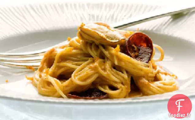 Pâtes aux Cheveux d'Ange avec Huîtres Sautées et Chorizo