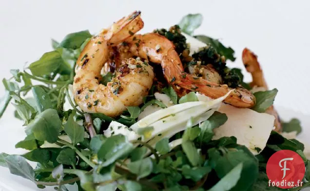 Salade de Crevettes et Feta au Pesto d'Amandes Mentholées
