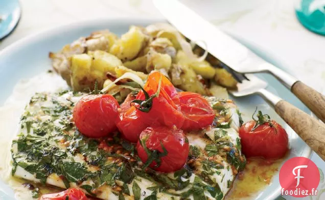 Flétan grillé aux Alevins Écrasés et Beurre de Tomate