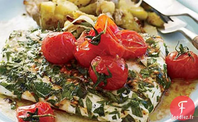 Flétan grillé aux Alevins Écrasés et Beurre de Tomate