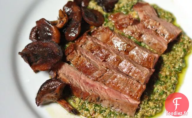 Steak de Flanc Poêlé aux Champignons Shiitake et Sauce aux Graines de Citrouille