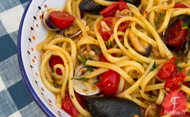 Spaghettis aux Palourdes, Moules et Tomates