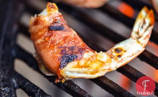 Crevettes enrobées de Prosciutto avec Mozzarella et Basilic