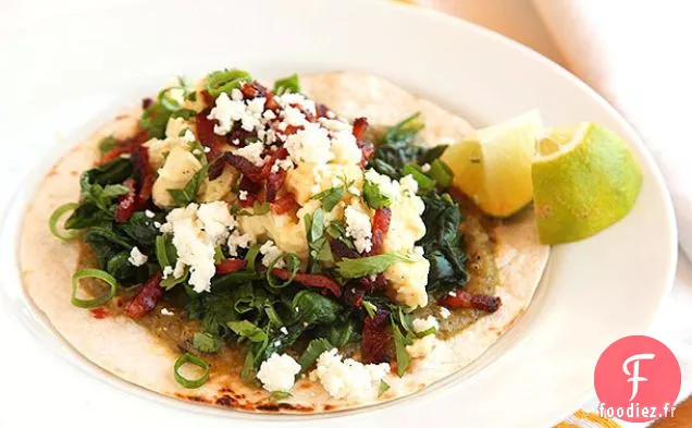 Tacos au petit-déjeuner avec Œufs, Épinards et Bacon