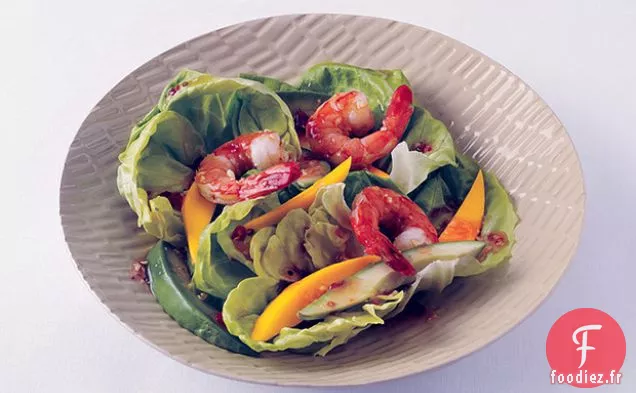 Salade de Crevettes, Mangue et Avocat avec Vinaigrette au Piment Doux et au Gingembre