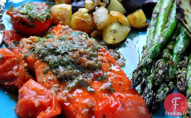 Jeu de cuisine: Saumon au Beurre aux Herbes et Sauce Tomate Éclatée