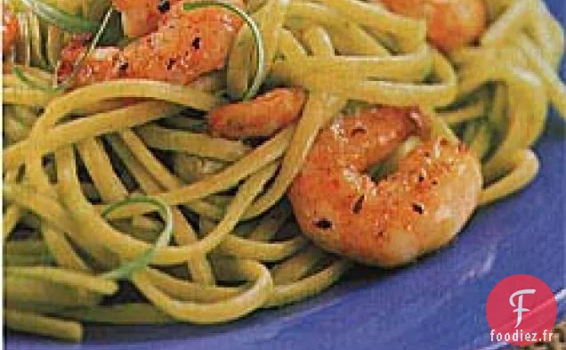 Linguine à la Sauce aux Oignons Verts et Crevettes Sautées