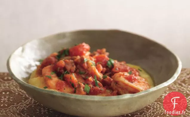 Crevettes et Pancetta sur Polenta