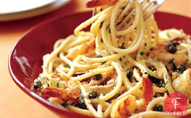 Perciatelli aux Crevettes et Chapelure à l'Ail