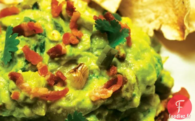 Guacamole au Bacon, Rampes Grillées (ou Oignons Verts) et Tomatillos Rôtis