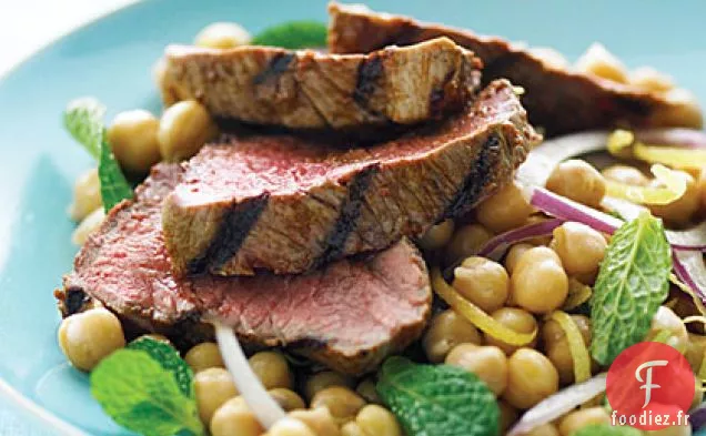 Agneau Harissa avec Salade de Pois Chiches à la Menthe et au Citron