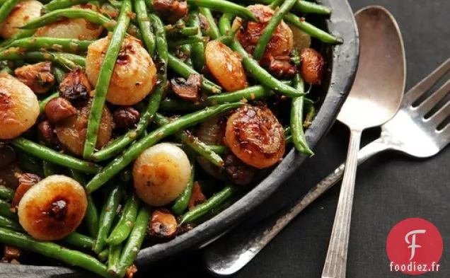 Haricots Verts Sautés Aux Champignons et Oignons Cipollini Caramélisés