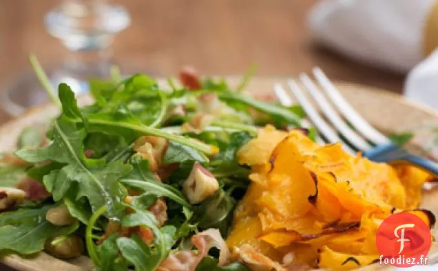 Rubans de Courge Musquée Rôtie avec Salade de Roquette, Pancetta et Noisettes