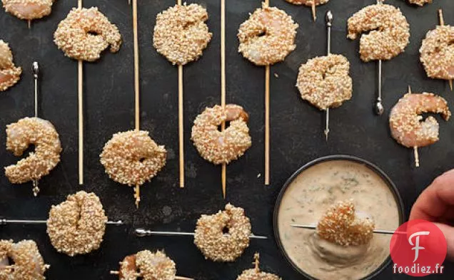 Crevettes au Sésame avec Sauce à la Coriandre et au Citron Vert