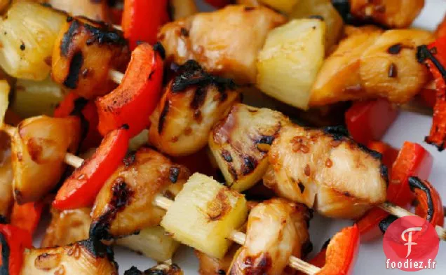Brochettes de Poulet Teriyaki, Ananas et Poivron Rouge