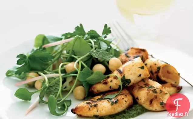 Calamars Grillés avec Salade de Laitue de Mineur et Sauce Verte