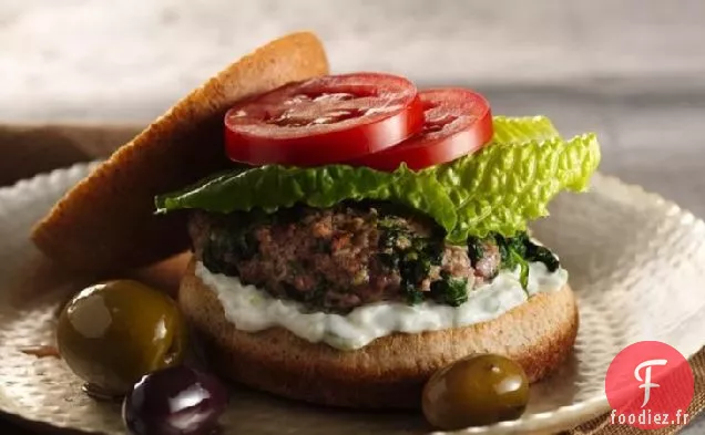 Hamburgers Pita Grecs aux Épinards, Feta et Sauce Tzatziki