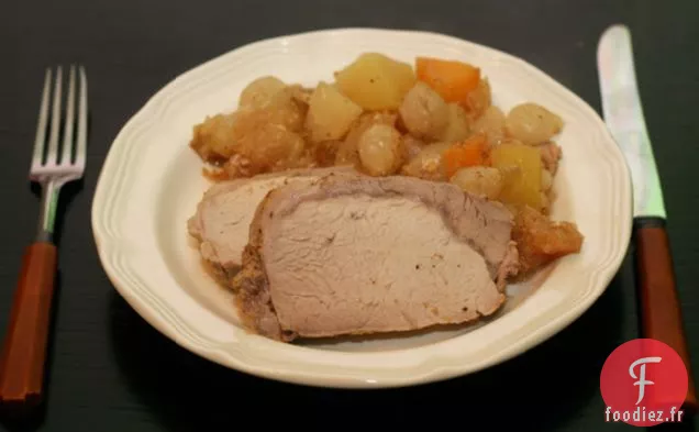 Porc Frotté À La Moutarde Avec Pommes Et Légumes Fondus