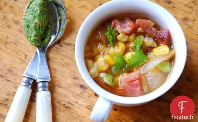 Minestrone De Succotash Au Vert Moutarde Et Au Pesto Miso