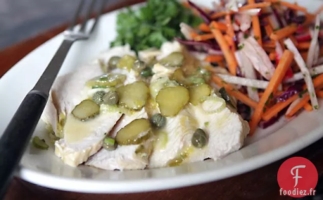 Salade De Poitrine De Dinde Pochée Au Citron, Câpres, Moutarde, Cornic