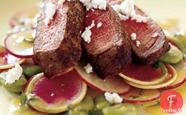 Filet Mignon en Tranches avec Fèves, Radis et Vinaigrette à la Moutarde