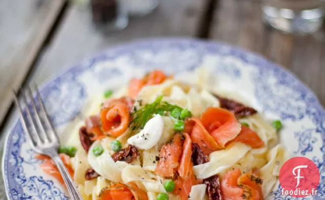 Tagliatelles Crémeuses De Saumon Aux Petits Pois Et Tomates Séchées Au Soleil