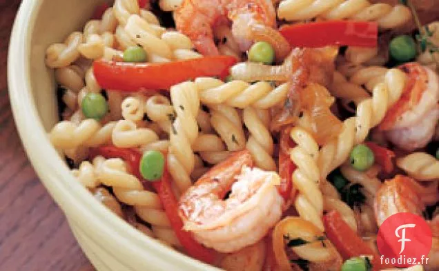 Gemelli Aux Crevettes, Poivrons Rouges Et Petits Pois