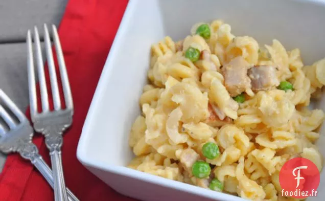 Macaroni Au Fromage Avec Bacon, Oignons Caramélisés Et Petits Pois