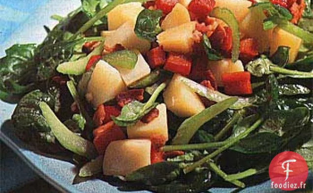 Salade de Pommes de Terre, Épinards et Poivrons Rouges avec Vinaigrette au Bacon Tiède