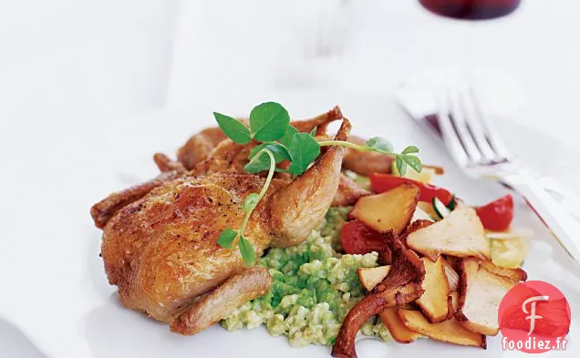 Caille à la Farine d'Avoine aux Pois Sucrés et Ragoût de Légumes d'été