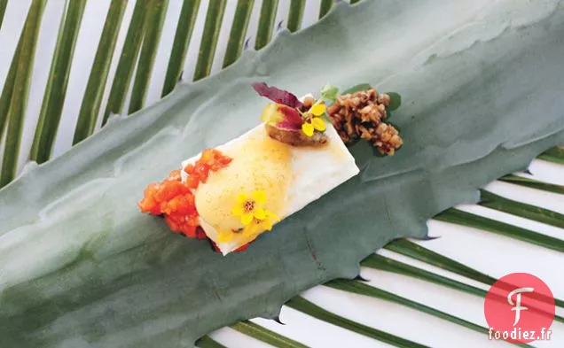 Filets de Flétan Braisé à la Noix de Coco et à la Citronnelle avec Chutney d'Aubergines Fumées et de Tomates et Gingembre