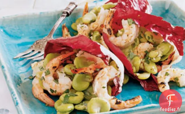 Salade de Fèves et Crevettes Grillées dans des tasses de Radicchio
