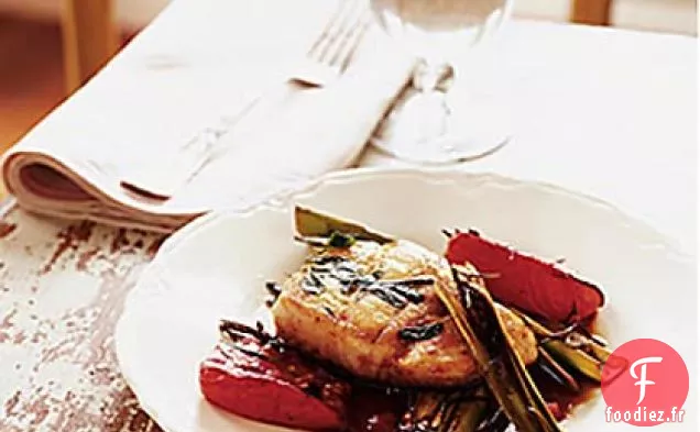 Morue Rôtie à la Poêle avec Tomates Rôties et Poireaux