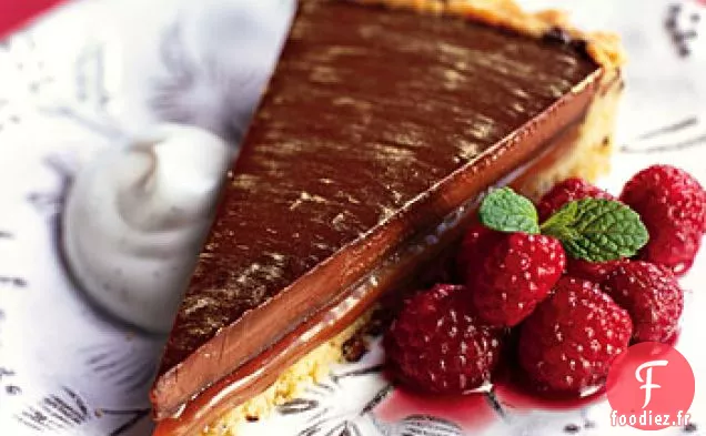 Tarte Chocolat-Caramel aux Framboises Ivres et Crème Fraîche à la Vanille