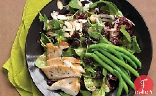 Salade De poulet Poêlé Aux Haricots Verts, Amandes Et Cerises Séchées