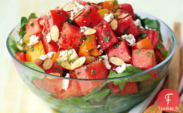 Salade Tomate-Pastèque avec Feta et Amandes Grillées