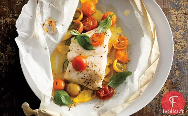 Filets de Poisson aux Tomates, Courges et Basilic