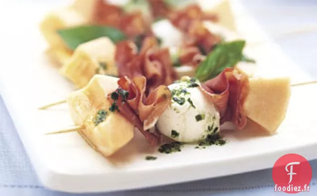 Brochettes de Melon, Prosciutto et Mozzarella Fraîche