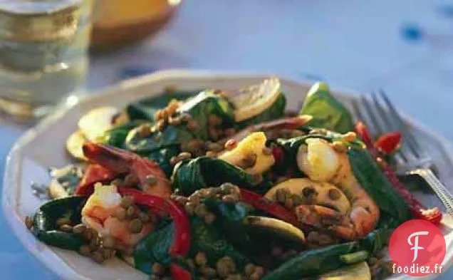 Salade de Lentilles et d'Épinards au Curry aux Crevettes