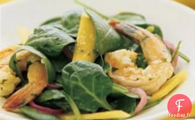 Salade D'Épinards Aux Crevettes Épicées Et À La Mangue