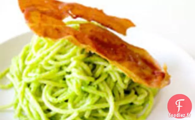 Mangez pour huit Dollars: Spaghettis à la Sauce Crémeuse aux Pois avec Prosciutto croustillant