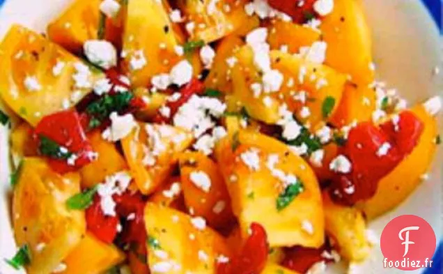Sain et Délicieux: Salade de Tomates Jaunes au Poivron Rouge Rôti, Feta et Menthe